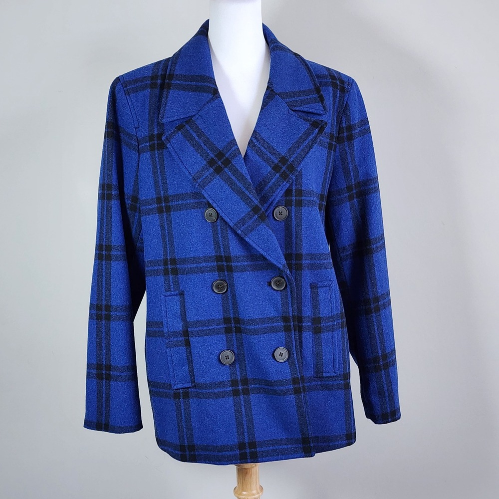 Old Navy Plaid Pea Coat Womens Large Blue Black Double Breasted Wool Blend Check